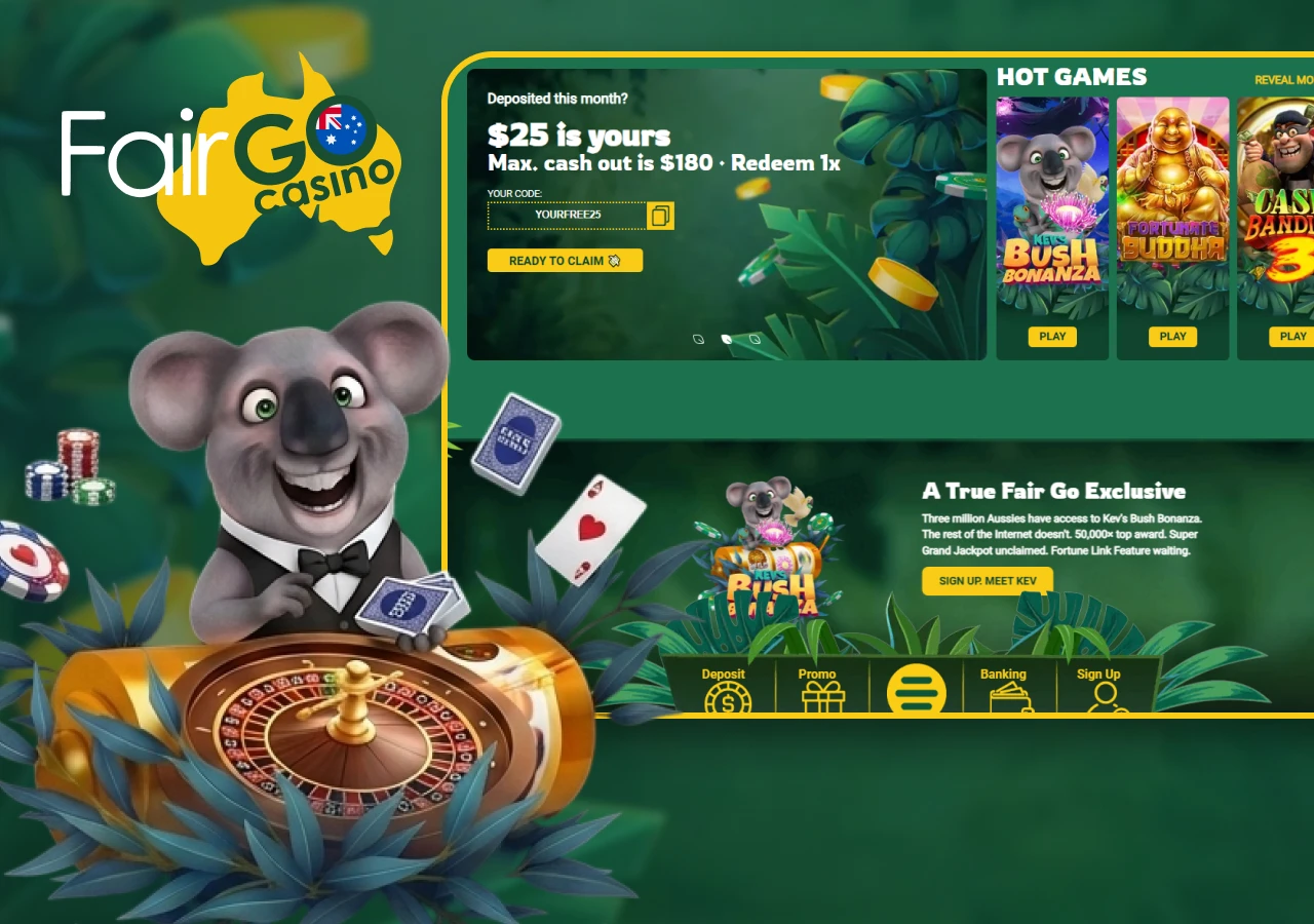 FairGo Casino Australia featuring sports betting, pokies, online casino games, and bonuses for Australian players.